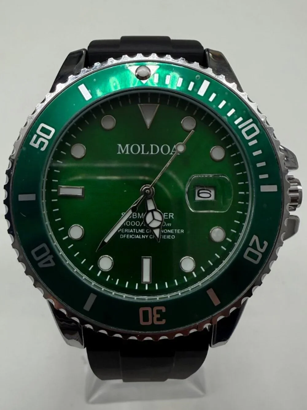 MOLDOA DIVER MENS GREEN 43MM AUTOMATIC DATE STEEL RUBBER BAND WATCH NIB